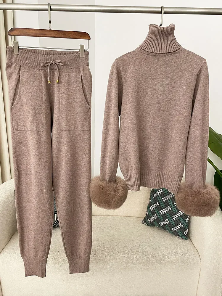 2025 feminino nova moda outono inverno camisola de malha calças compridas conjunto jaqueta camisola grosso quente natural real casaco de pele de raposa feminino