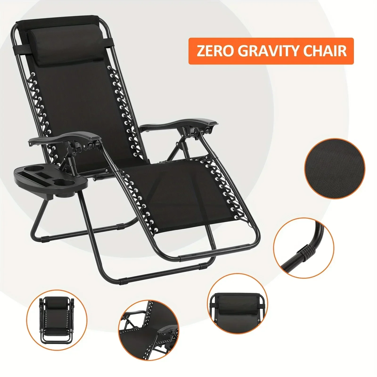 2PCS Folding Camping Chairs Zero Gravity Chair Patio Recliner Chair With Cup Holder Adjustable Headrest Reclining Lounge Chair