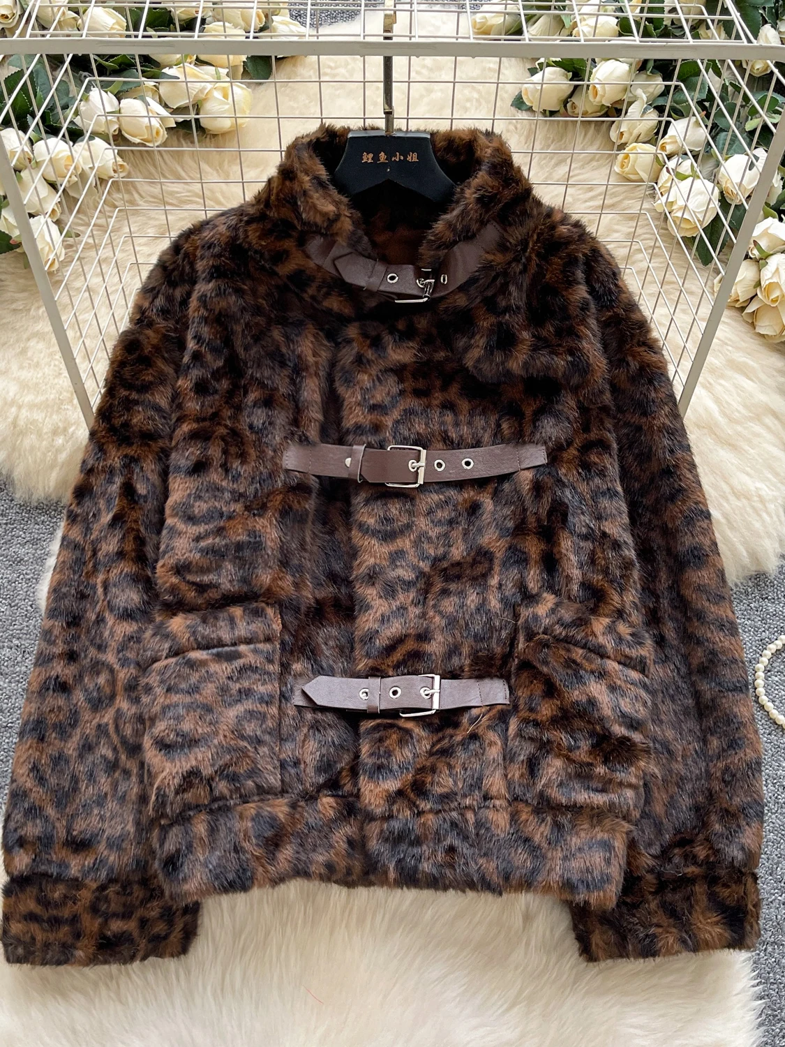 

Korean Sle Long Sve Plu Leopard Print PU Leather Jaet Women's Loose Open Cardigan Top Faion High-End Feeling