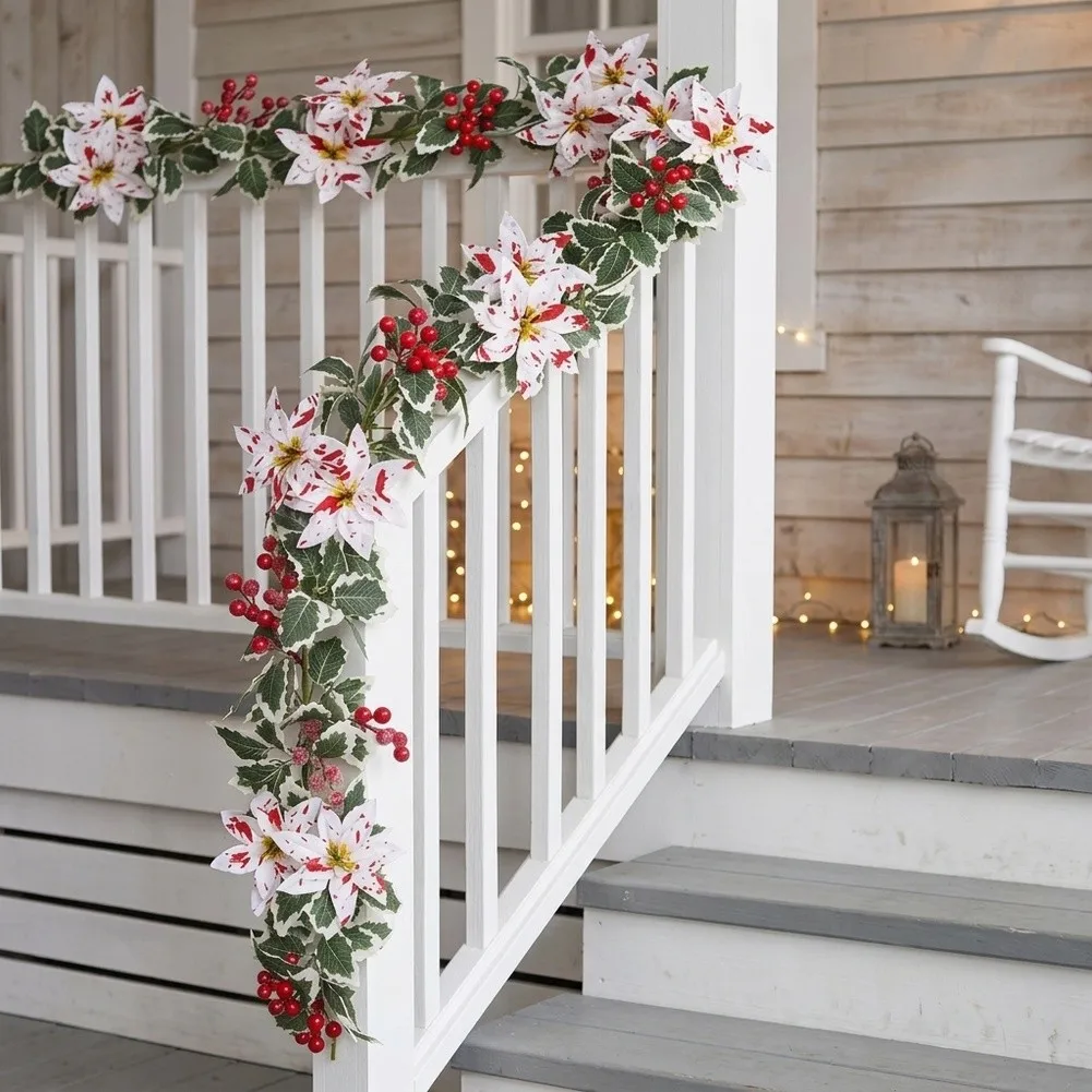 175cm Artificial Poinsettia Garland with Lifelike Red and White Berries for Christmas Fireplace Staircase and Front Door Decor