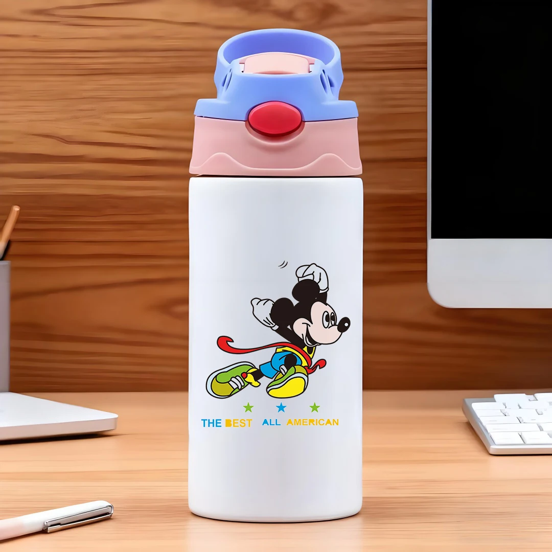 

Disney vacuum cup with classic Mickey Mouse cartoon character blue shorts yellow shoes red scarf and fivepointed st