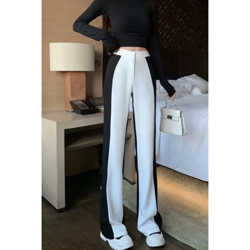 

Black and White Contrast Casual Pants for Women High-waisted Slim Floor-length Pants Korean Style Versatile Wide-leg Pants