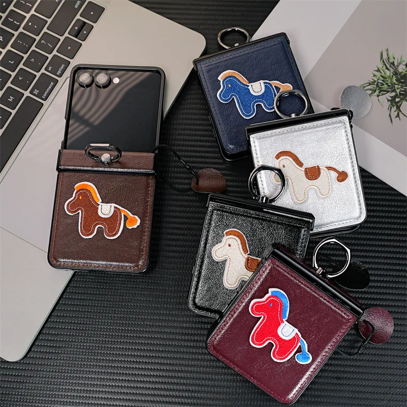 For Samsung Galaxy Z Flip 8 7E 7 6 5 4 3 Leather Case with Embroidered Horse Pattern with Ring Hinge Protection Shockproof Cover