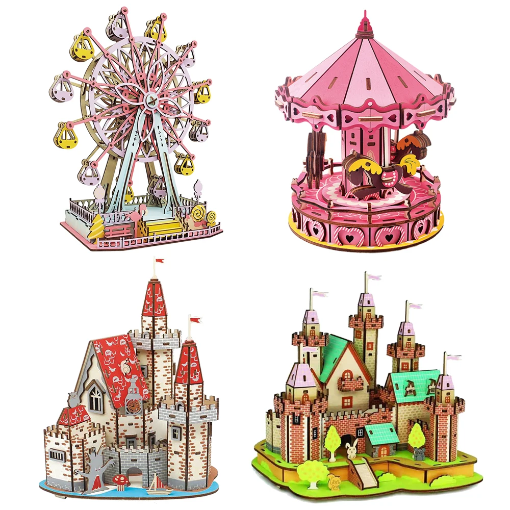 Drehbares Riesenrad 3D Holzpuzzle Schloss Modell Karussell DIY Montagespielzeug für Kinder Mädchen Geburtstagsgeschenk Märchenthema