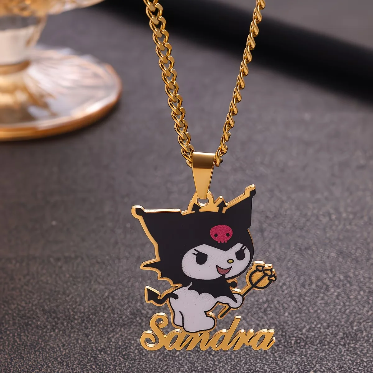 Custom Name UV Printing Colors Staff Kuromi Necklace Personalized Sanrio Pendant Stainless Steel Cuban Chain Jewelry Girl Gifts view 2