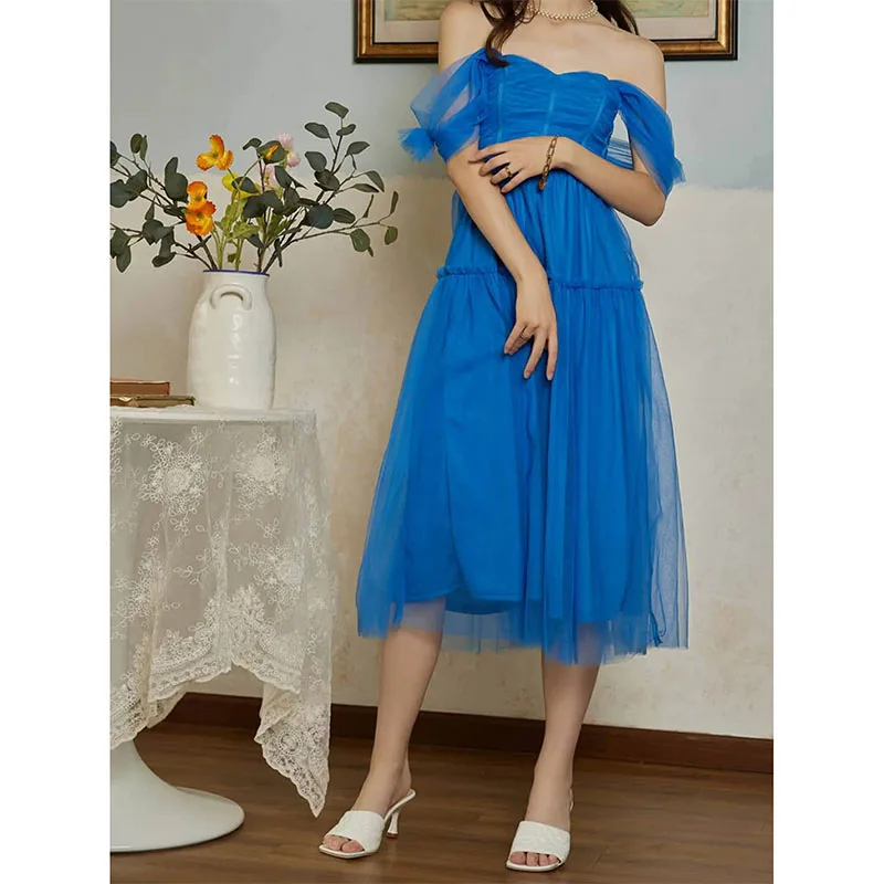 Classy Blue Off Shoulder Evening Dresses Backless Party Dress Prom Dress Special Occasion Dress Tea-Length Bridesmaid Dress