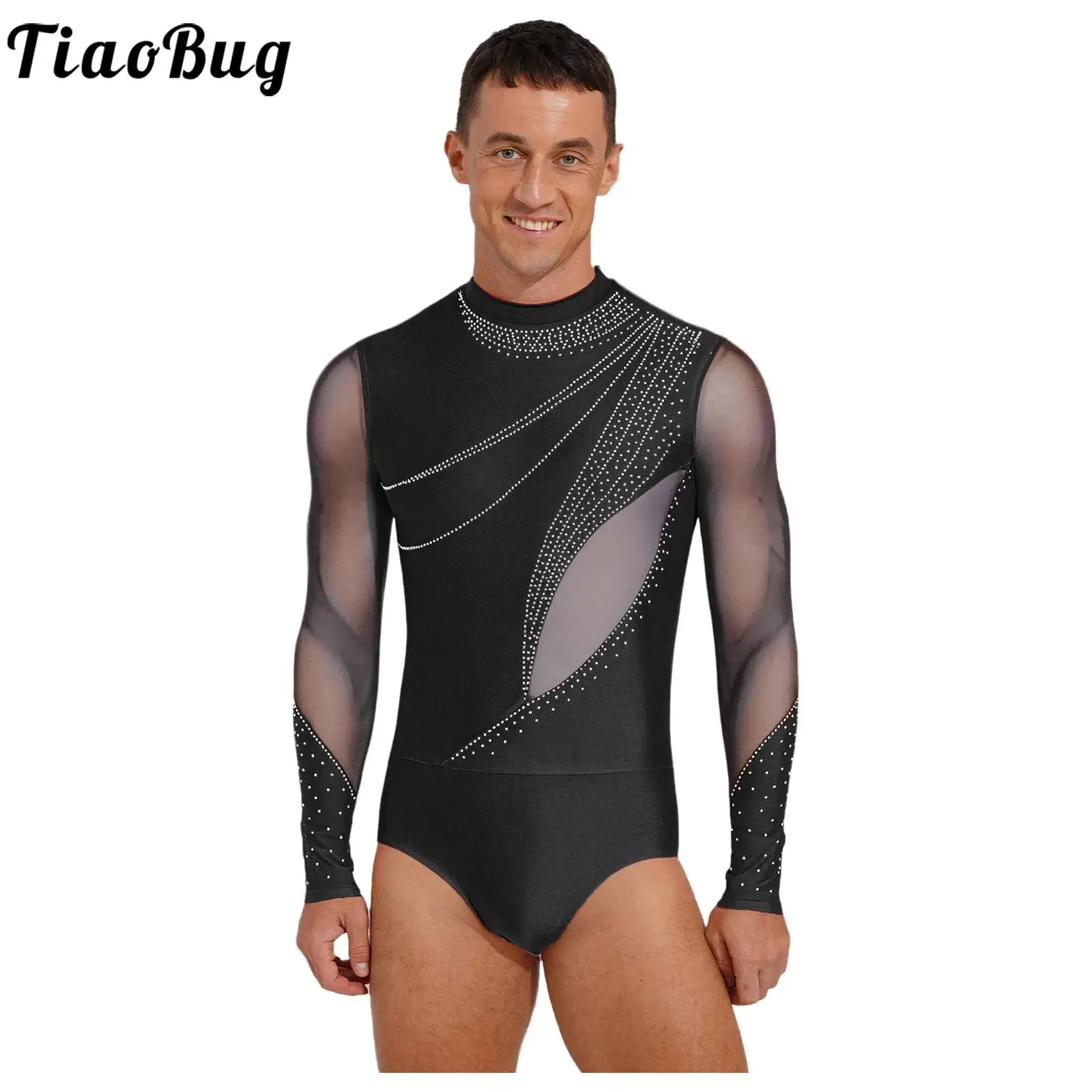 

Men Figure Skating Ballet Performance Costume Sheer Mesh Long Sleeve Rhinestones Leotard for Latin Dance Gymnastics Acrobatics