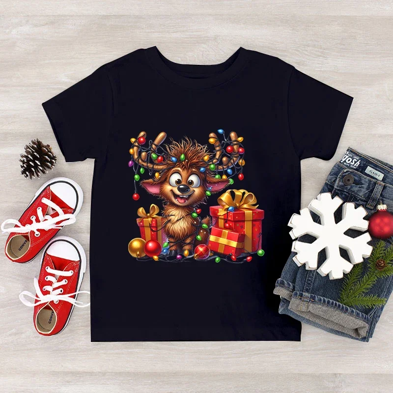 Cute Elk Deer Print Boys Girls Christmas T-shirts Fashion Short Sleeve Tops Cartoon Elk Deer Lamp String Xmas Gift Kids Tshirt