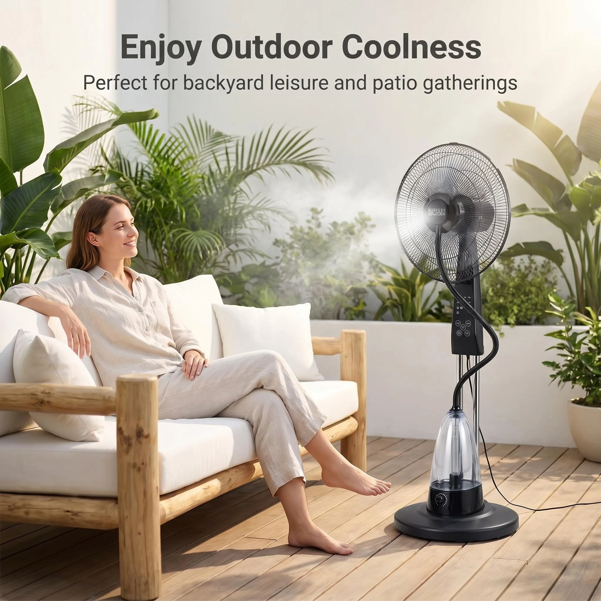 Ventilateur brumisateur sur pied D40 120 cm, tête oscillante de 40 cm de large avec buse de brumisation, panneau de commande intégré, ventilateur de refroidissement noir mat pour la maison, le bureau, la terrasse intérieure et l'extérieur