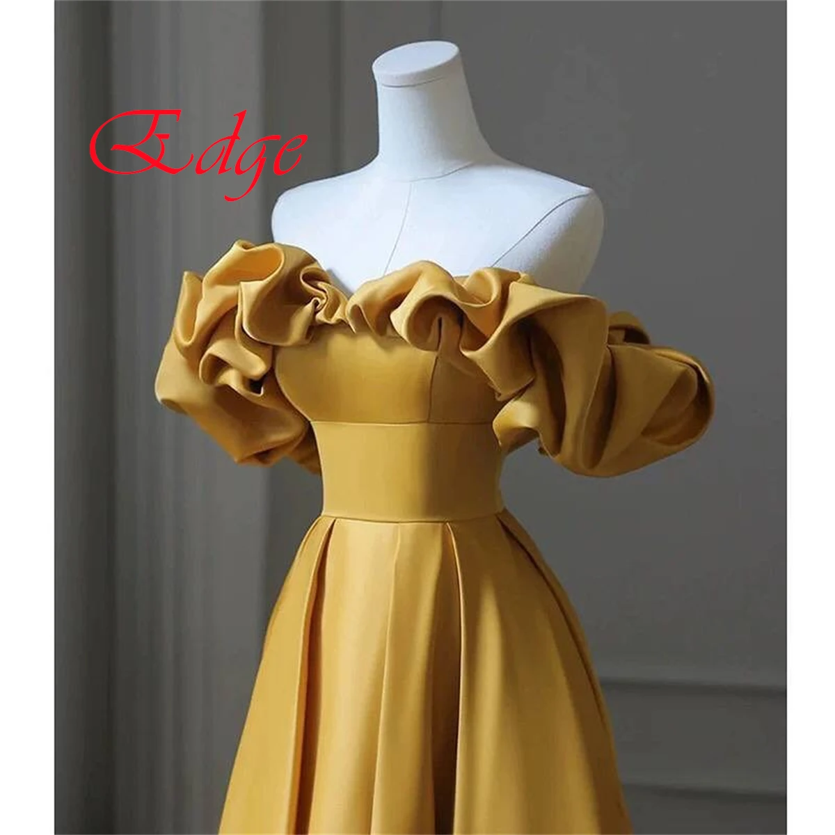 Customized Delicate Yellow Satin Evening Dress Temperament Boat Neck Off the Shoulder Sleeveless Lace Up Back Homecoming Dress