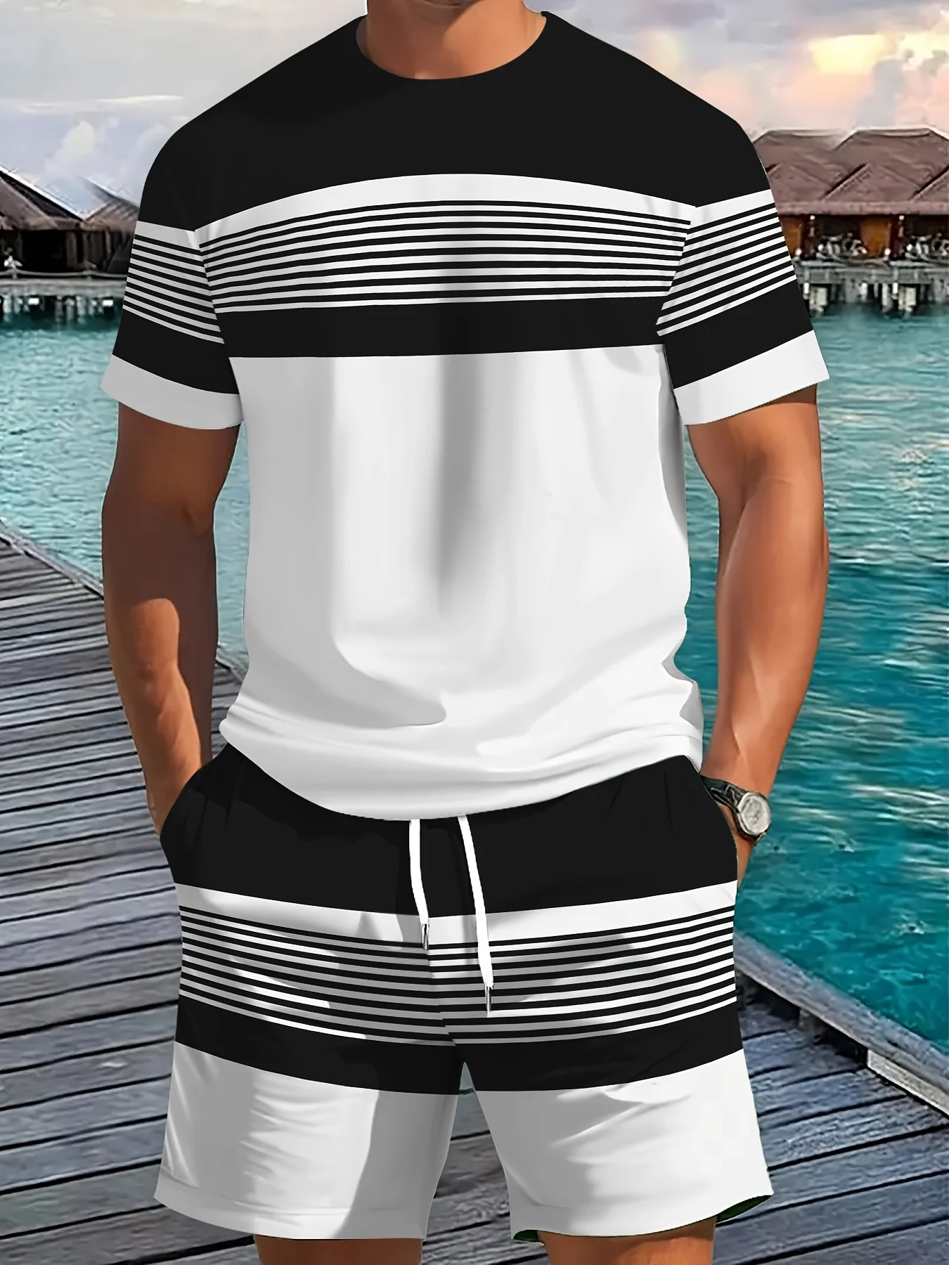 New Summer Men's Sportswear Striped Short-Sleeve T-Shirt Set Two-Piece Outdoor Travel Apparel Relaxed-Fit Shorts Training Wear