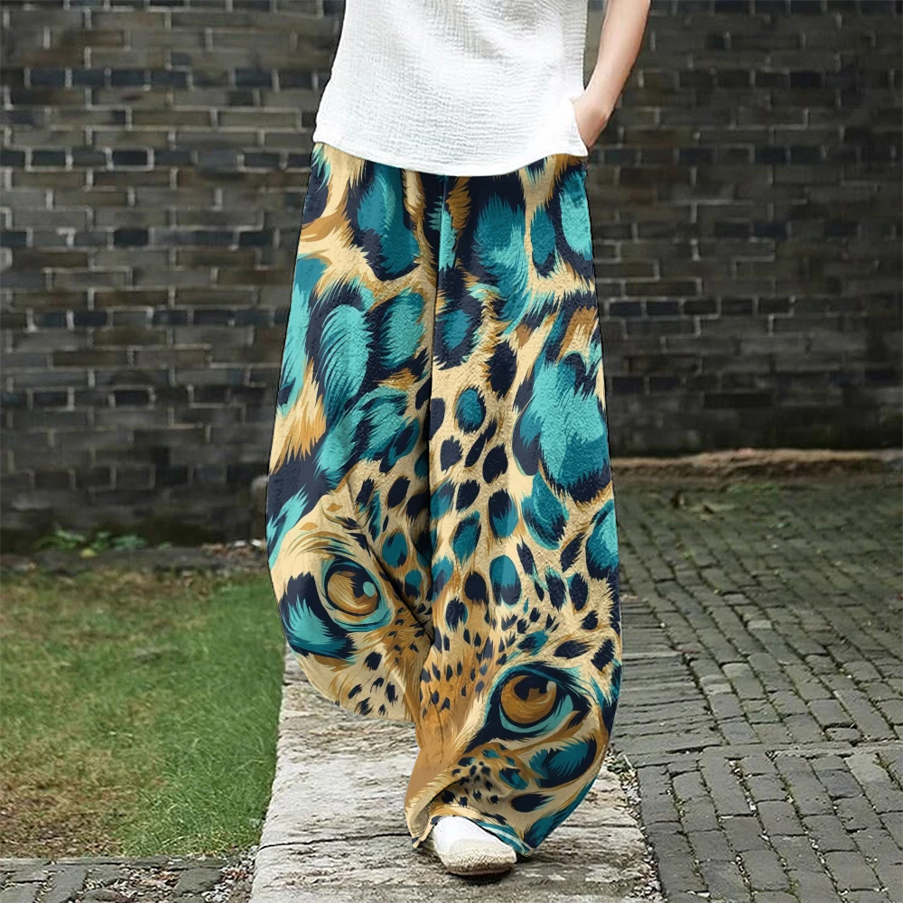 

Blue and Gold Leopard Print Stylish Women's Wide Leg Pants Loose Fit Pants Harajuku Lantern Trousers Elegent Boho Wide Leg Pants