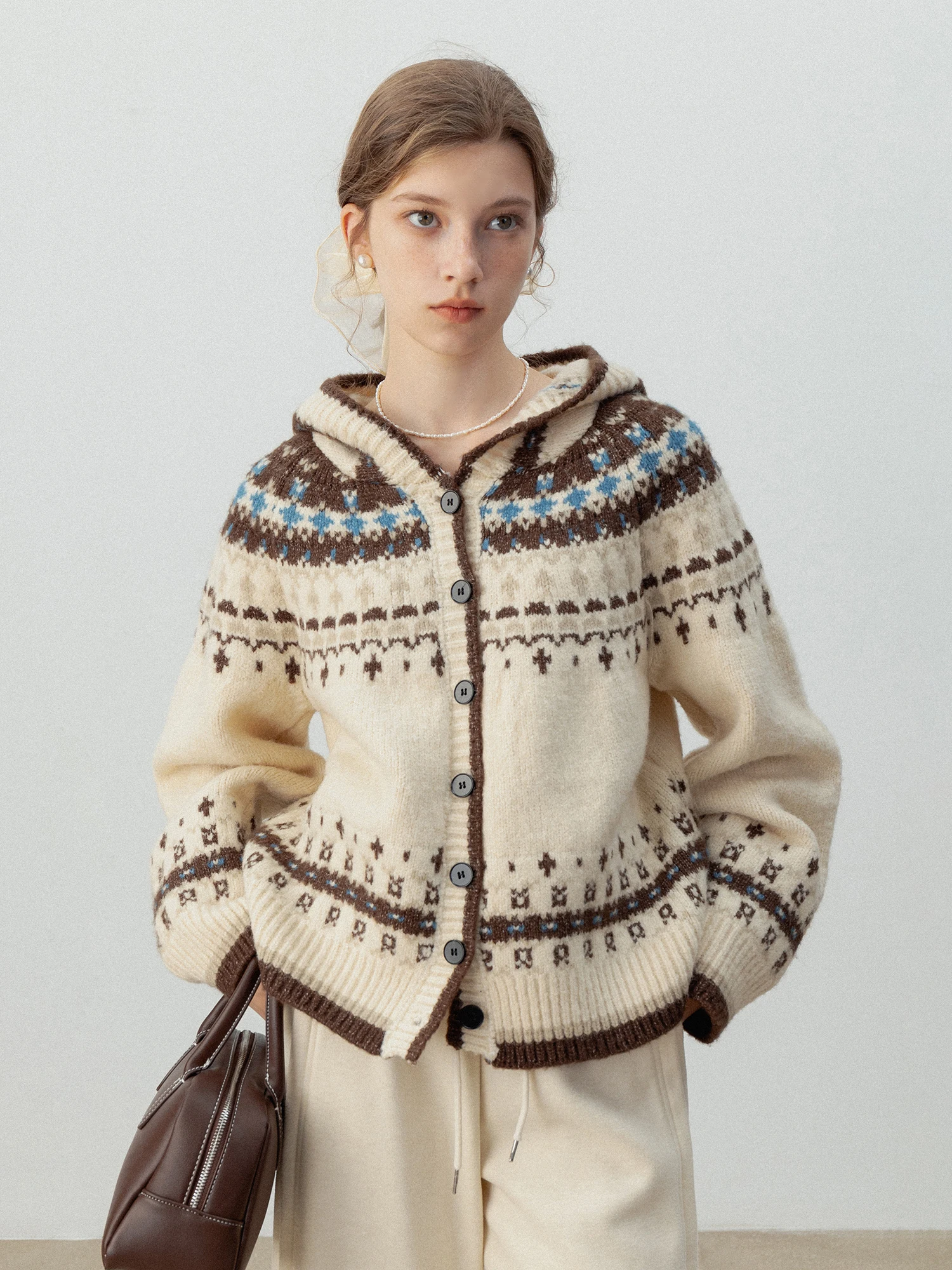 

Женский кардиган Eggka в стиле ретро с капюшоном и узором Fair Isle, осенний, для повседневной носки, свободный крой, с длинными рукавами, из полиэфирного волокна