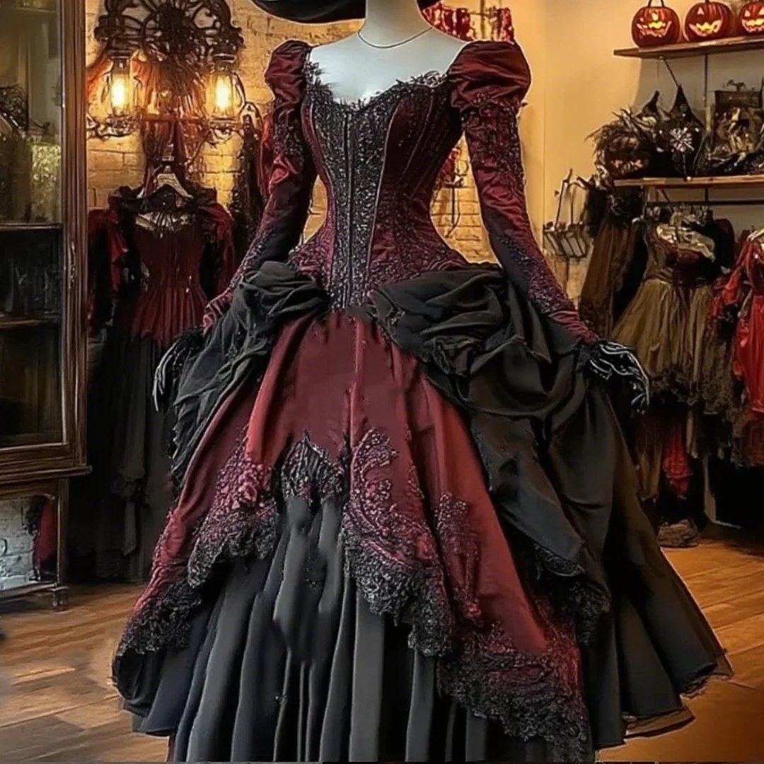 

Burgundy And Black Long Hallowdin Masquerade Ball Gown Long Sleeves Gothic Prom Dress Ruched Corset Cosplay Wear Customized