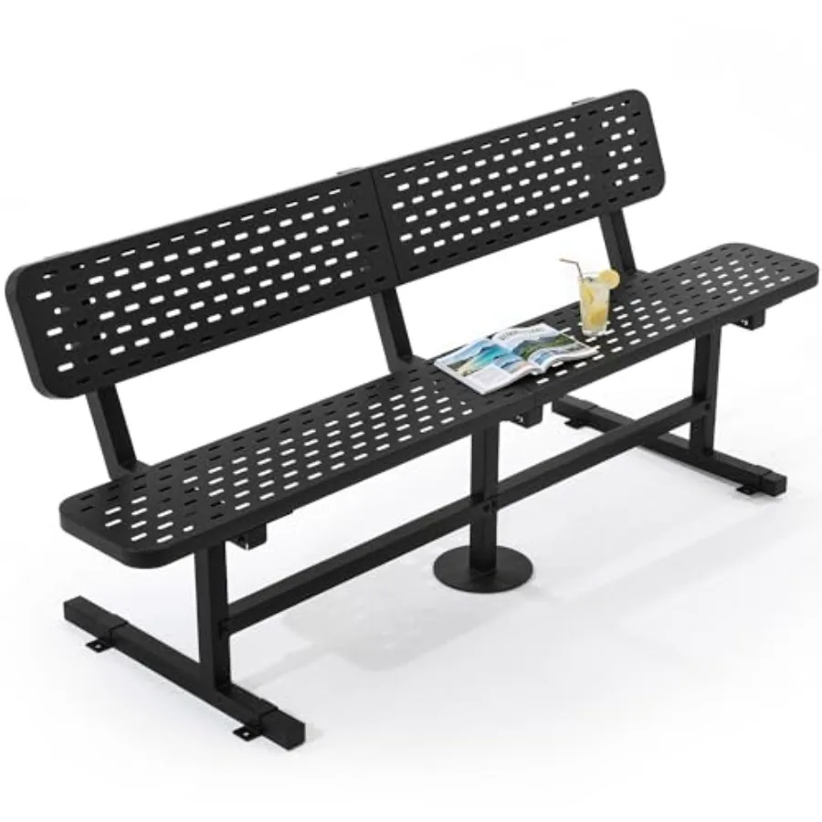 

6ft Outdoor Metal Park Bench with Back: Heavy Duty Carbon Steel Black Thermoplastic Coated Weatherproof Seating for Patio Yard