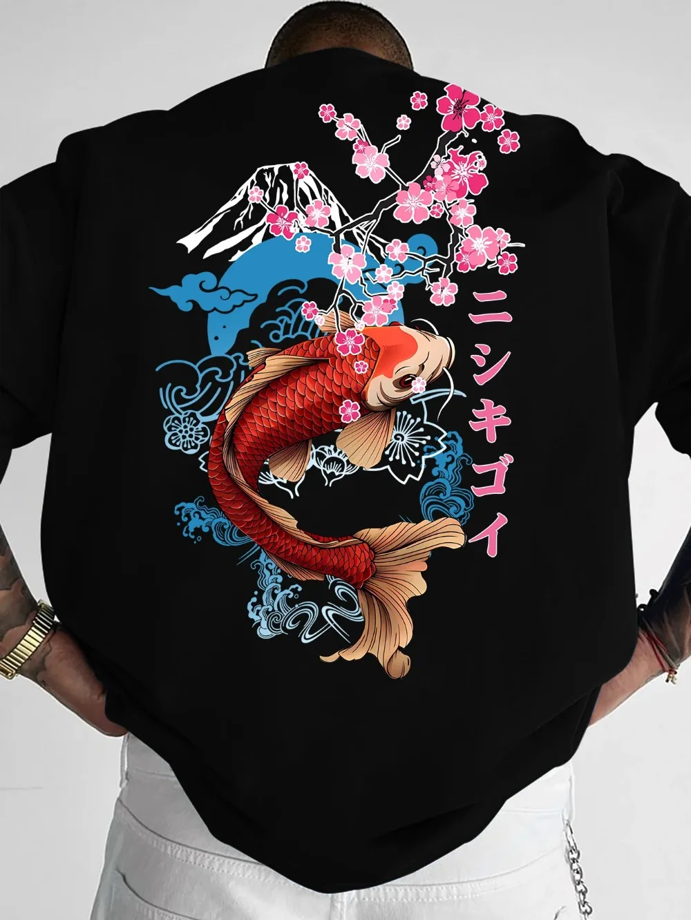 Japanese Koi Fish Cherry Blossom Pattern 3D Print Breath Quick-dry Men's Large-size T-shirt Leisure Street Parent-child Clothing