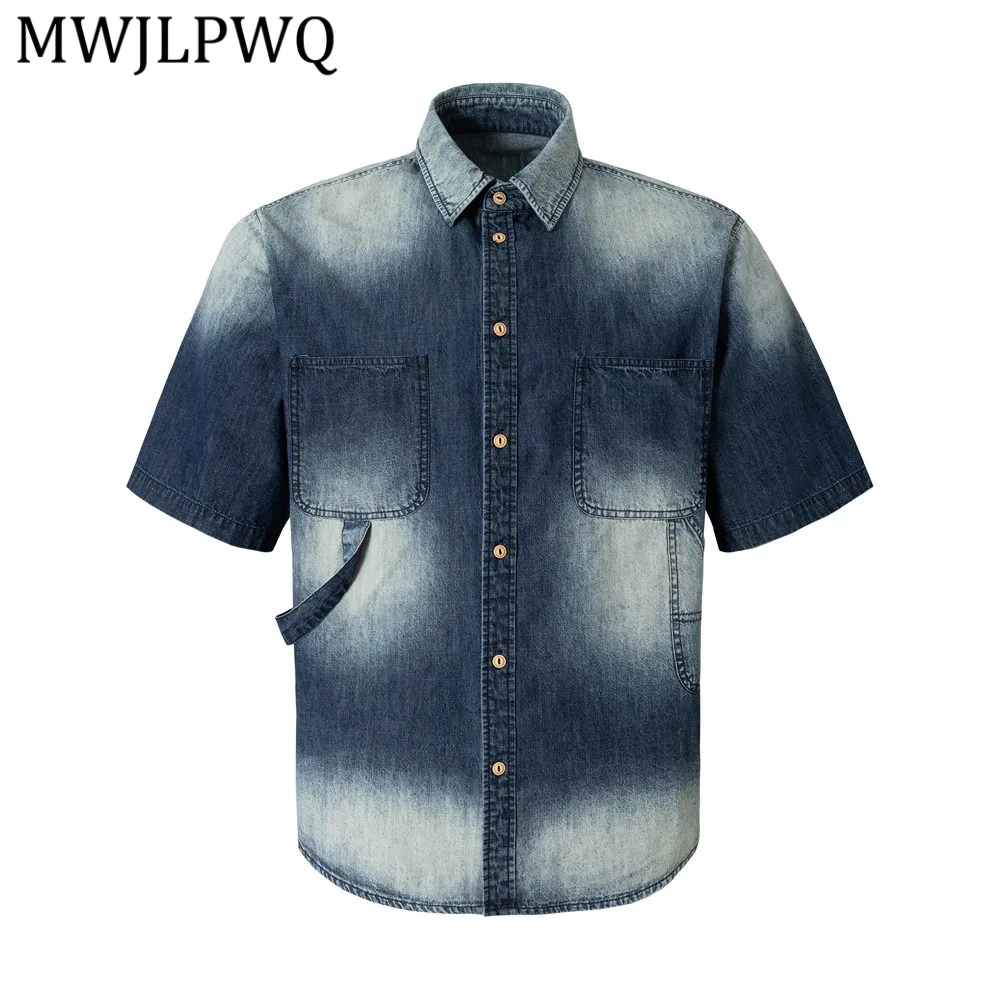 

MWJLPWQ Spray Dyed Distressed Gradient Short-Sleeve Denim Shirt Men's Stylish Design Pockets Fit Turn-Down Collar Tops 13574