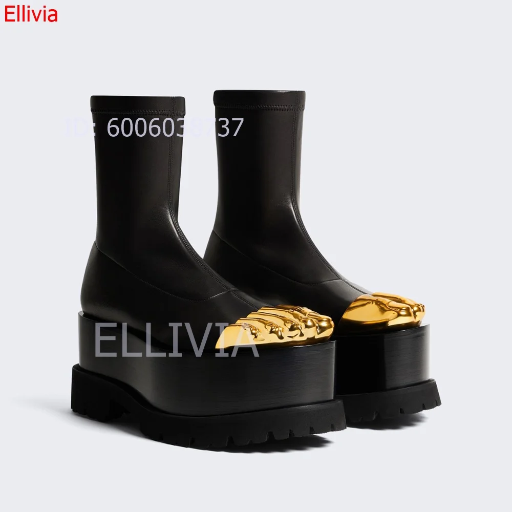 Women Metal CapToe Platform Ankle Boots Back Zipper Stretch Leather Short Booties Thick Sole High Heel Fashion Streetwear Boots