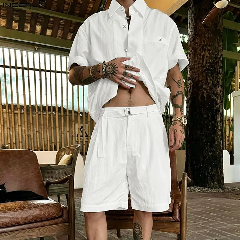 INCERUN Men Sets Solid Lapel Short Sleeve Shirt Shorts Two Piece Sets Streetwear Summer 2026 Loose Men Matching Sets Tracksuits view 2