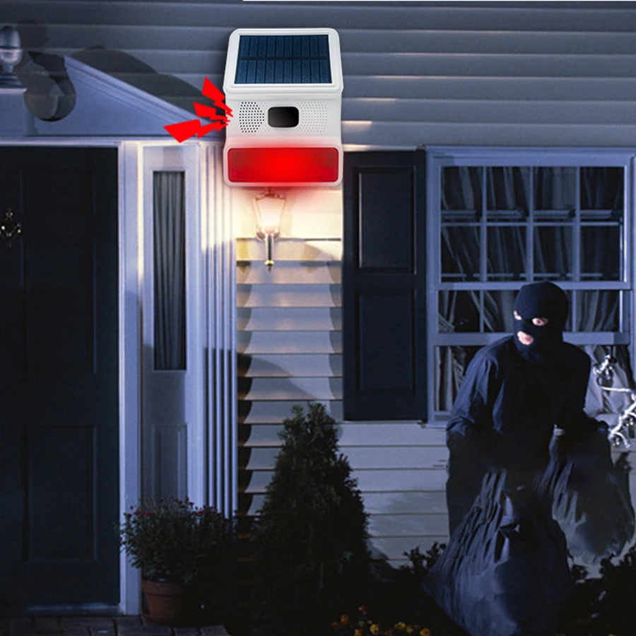 Sirene de alarme, sirene externa sem fio de 433 MHz, externa movida a energia solar com função de alarme de luz piscante LED, fácil configuração, segurança Sy