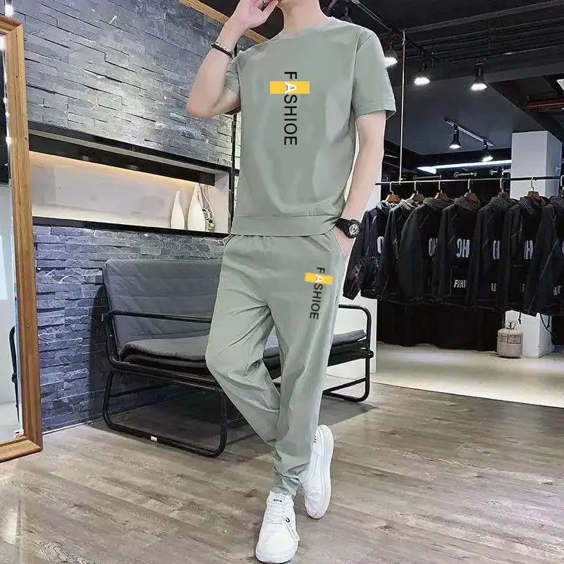 

Nylon T-shirts Pants Suits for Men Outdoor Loose 2 Piece Outfit Luxury Stretch Kpop New in Matching Polyester Man Trousers Sets