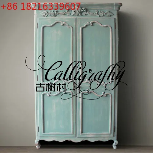 Solid wood carving flower American country antique washed blue old wardrobe French retro carving cabinet