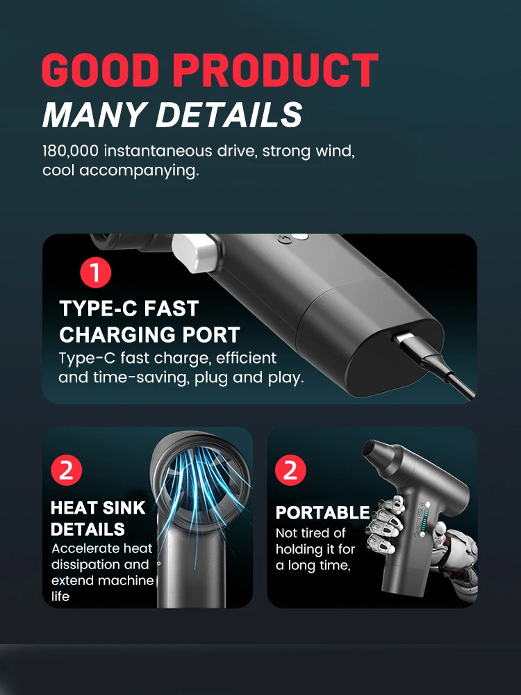 مروحة عنيفة صغيرة تعديل ست سرعات منفاخ هواء قوي مكنسة كهربائية من النوع C شحن منفاخ توربو نفاث بدون فرش