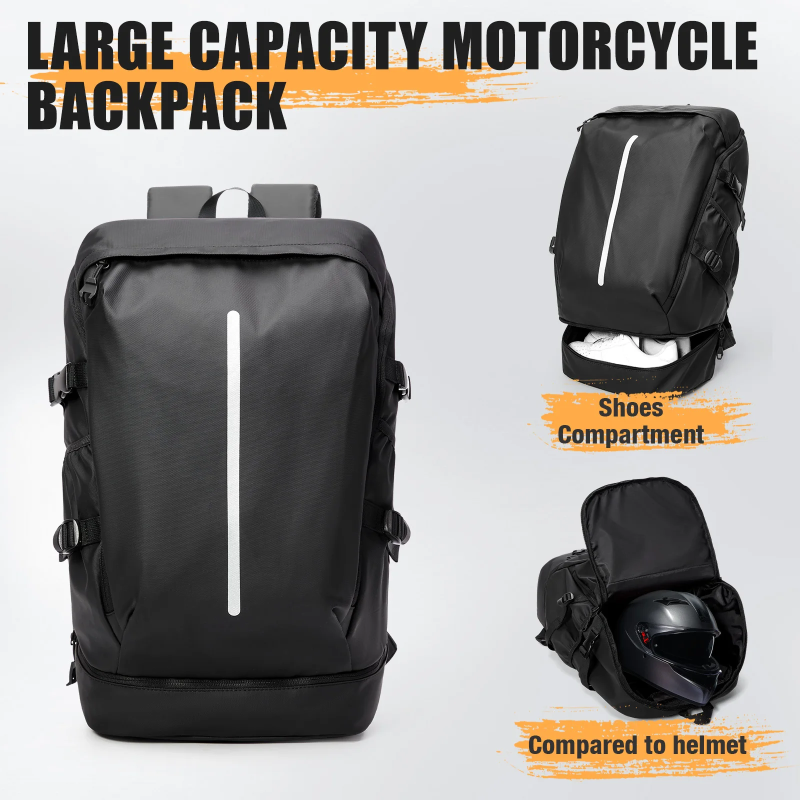 حقيبة ظهر للسفر للرياضات الخارجية للرجال، حقيبة خوذة، حقيبة ظهر للدراجات النارية مع شريط عاكس للضوء، حقيبة ظهر ترفيهية لعطلة نهاية الأسبوع