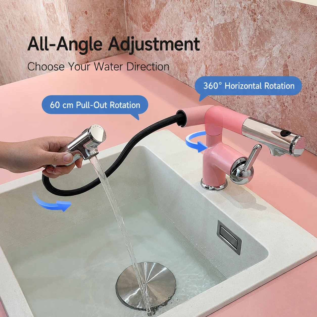 Pull Out Bathroom Basin Faucet 360° Swivel Cream White Sink Mixer Tap 3 Modes Hot Cold for Washbasin Vanity
