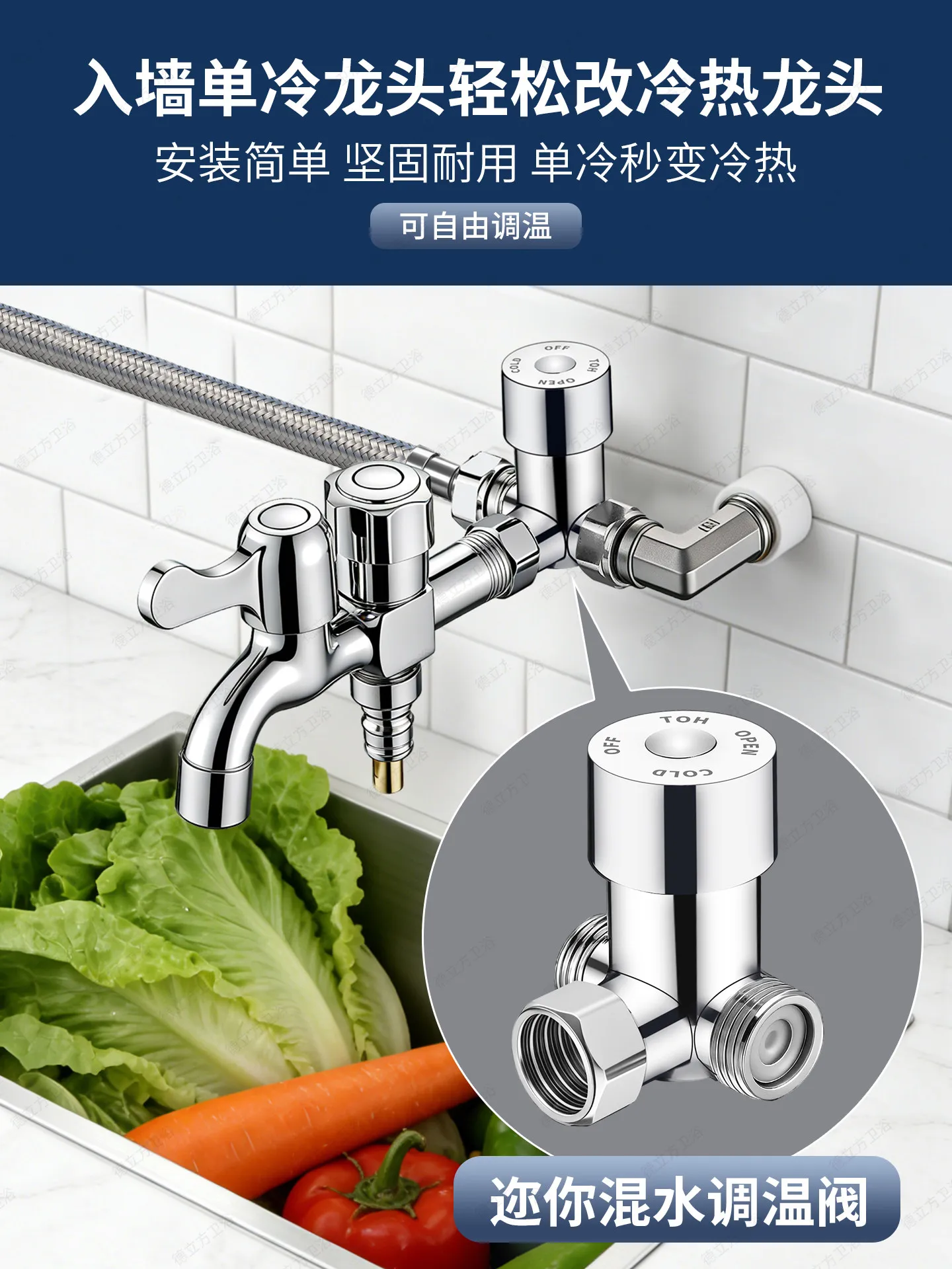 壁掛け式単水栓を温水・冷水両用の表面実装型キッチン水栓に変更し、2入口1出口の切替弁付き混合水栓にしました。