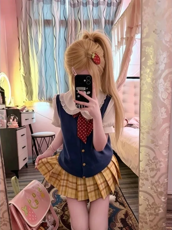 

Summer New Style Japanese College Sailor Suit Doll Collar Top with Knot Vest Pleated Skirt Fashion Set for W...