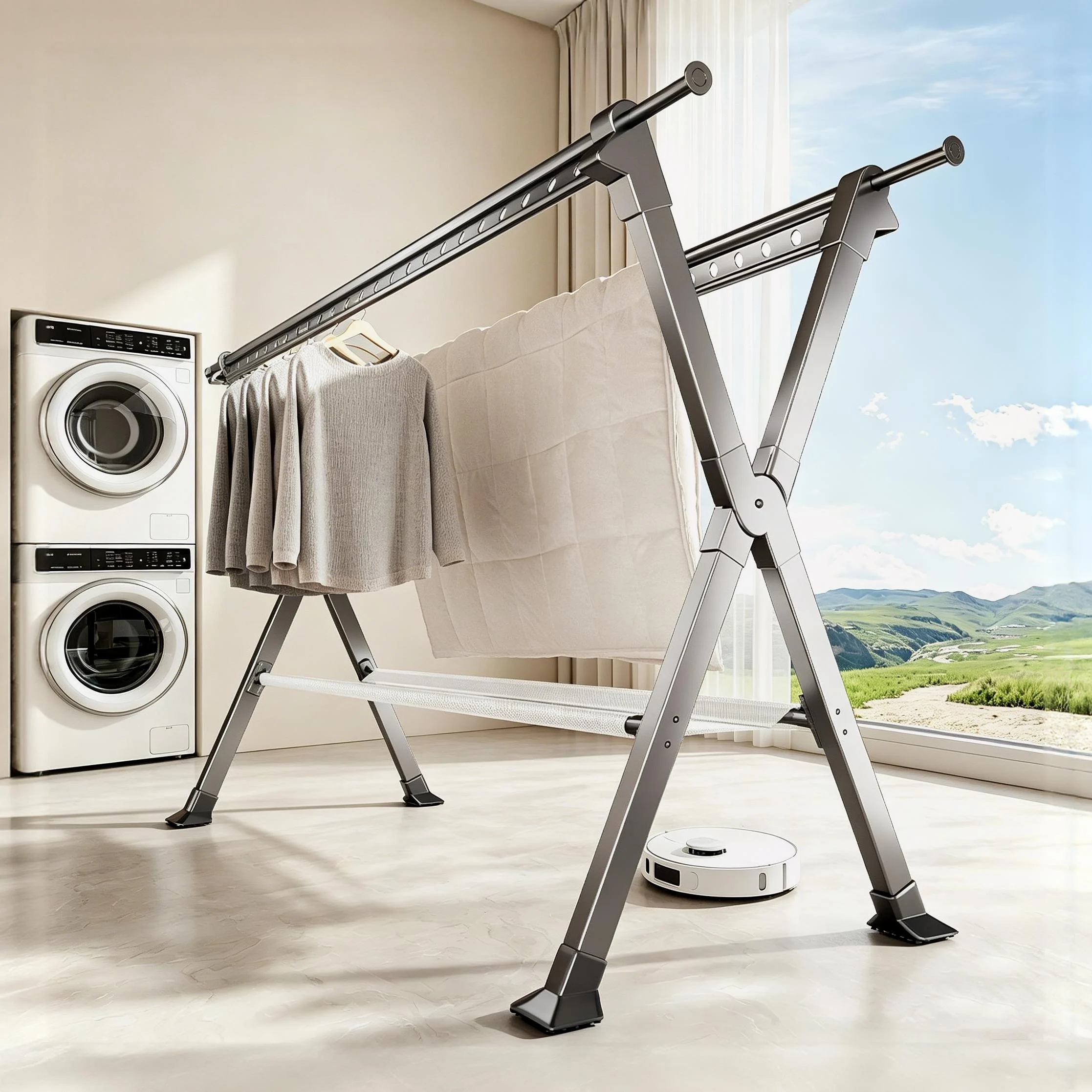Drying rack balcony household folding floor-to-ceiling cooling rod indoor and outdoor hanging clothes telescopic drying rack