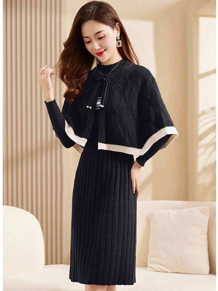 Elegant Soft Knitted Dress 2 Piece Set Vintage Lace Up  Women Ruffle Shawl Outfits Casual Long Sleeve Sweater Dresses Suits New