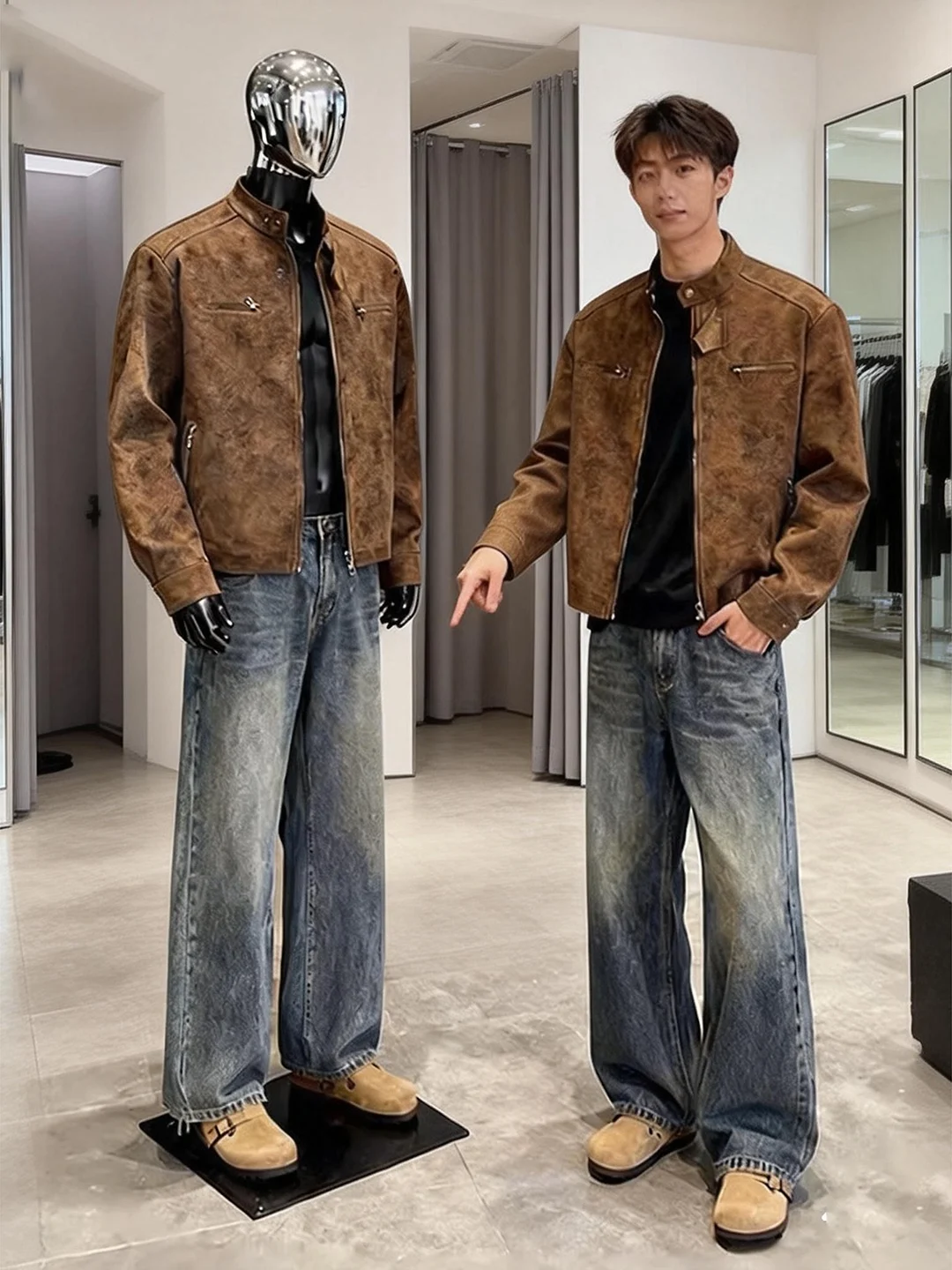 

Cleanfit Men's Fleece Lined Wide Leg Jeans Spring Summer Autumn Winter Straight Cut American Style Retro Flared Denim Trousers