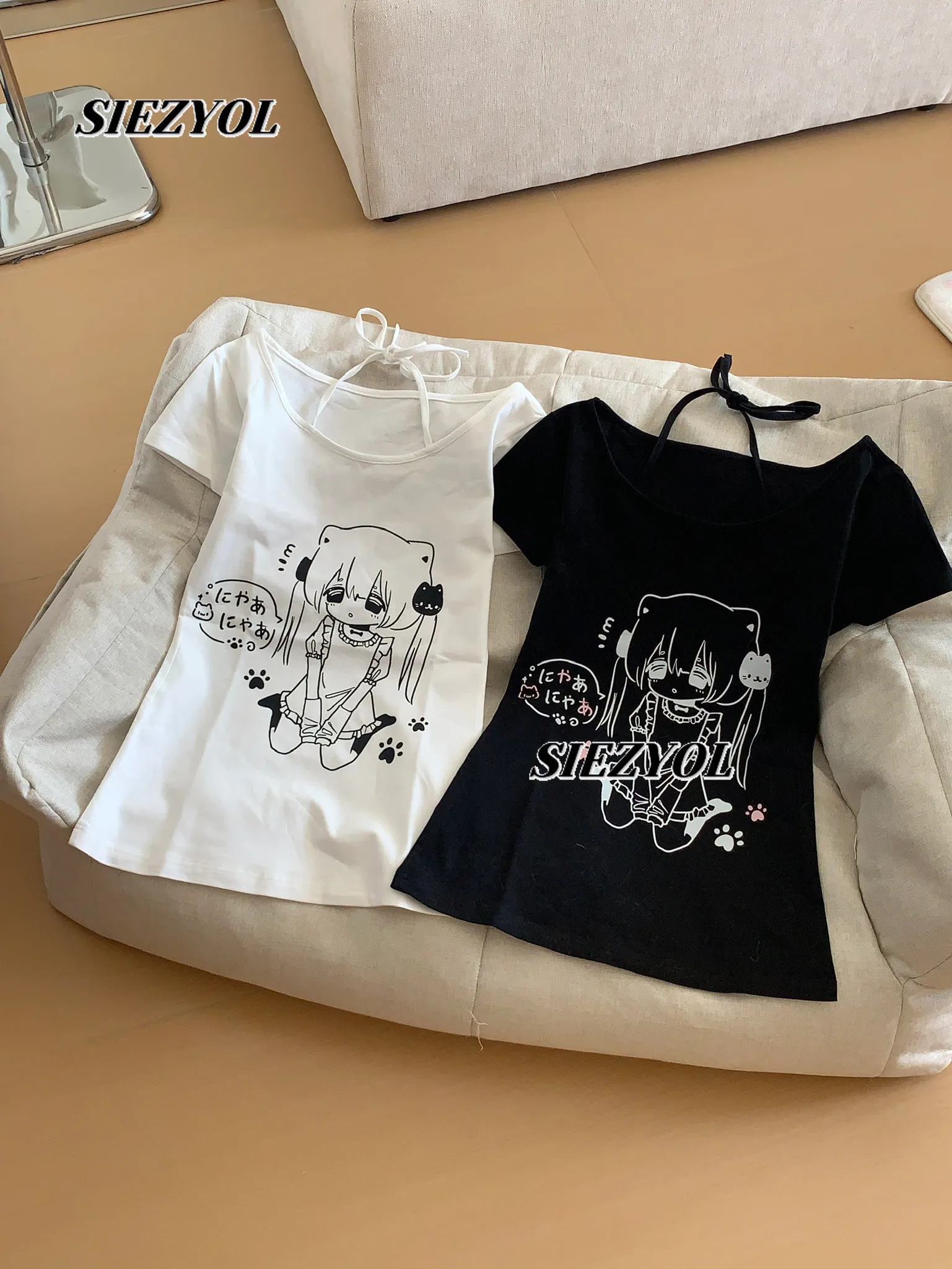 Japanese Slim-fitting Waist and Thin Printed Short-sleeved T-shirt Summer New Casual Versatile Student Neck Tops Y2k Clothes