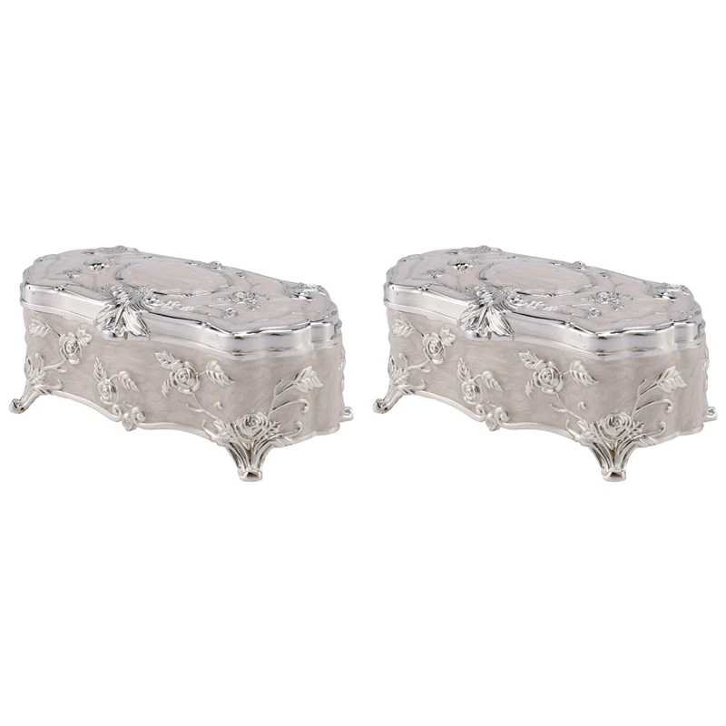 

2X Vintage Jewellery Case Fashion Jewelry Box White Enamel Zinc-Alloy Metal Trinket Box Flower Carved Toothpick Storage