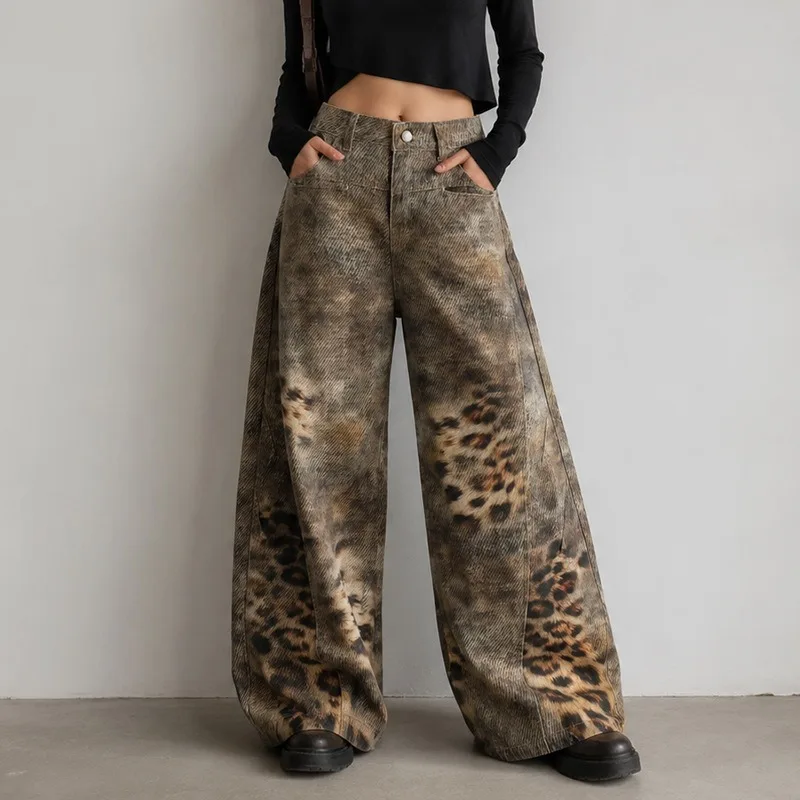 Subcultural Vintage Washed Distressed Leopard Embroidered Women Denim Jeans Autumn Street-Style Loose Draped Curved-Leg Trousers