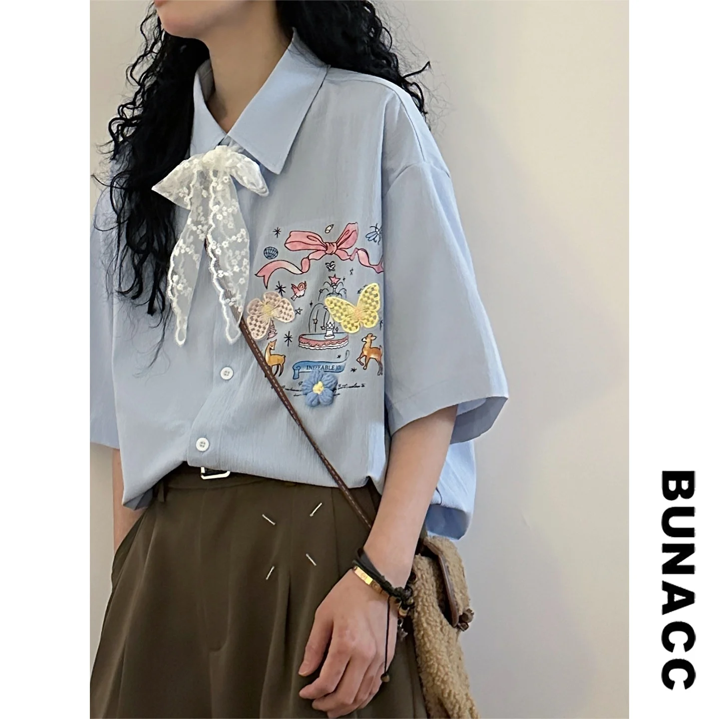 

Retro Embroidered Loose Short Sleeve Women's Shirt Stand Collar Lace Knot Trendy Street Style Summer Fashion