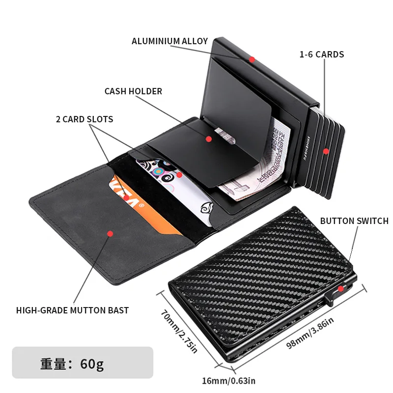 RFID Blocking Aluminum Pop-Up Card Holder Multi-Functional Designer Bank & ID Card Wallet Fashion Business Purse for Men Women view 3