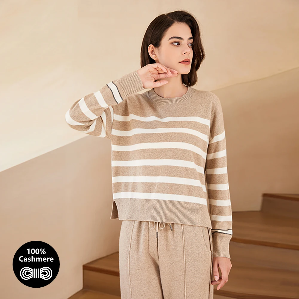 BC-274 Crew Collar 100% Pure Consinee Cashmere Sweater Knitwear Women's clothing Clothes Striped Pullover Jumper