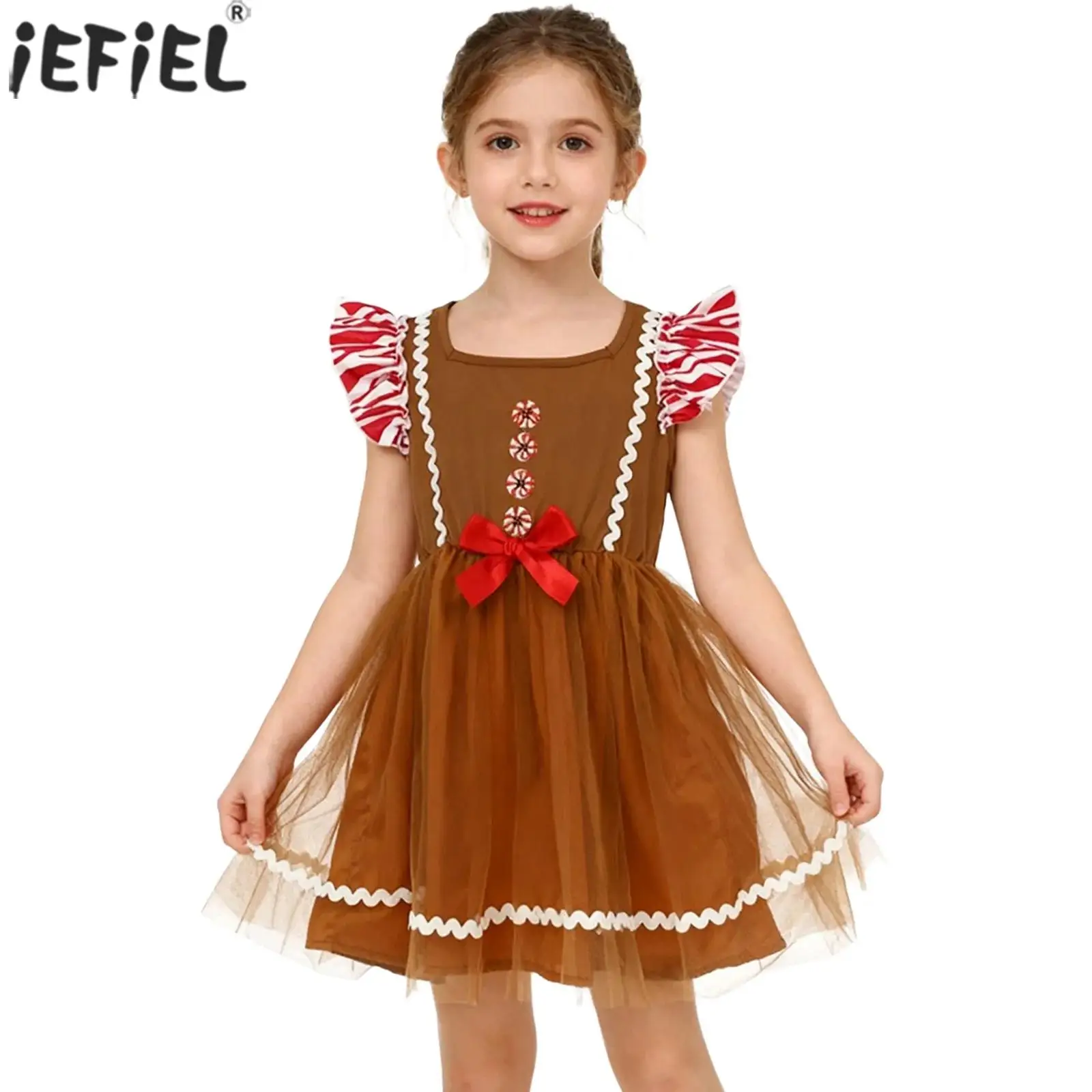 Girls Christmas Gingerbread Man Costume Embroidered Tulle Ruffled Dress Kids Festival Xmas Party Cookies Elf Role Play Dress Up
