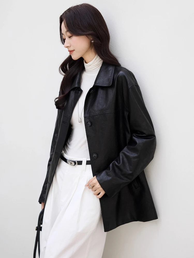 Casual Black Genuine Leather Windbreaker Jackets Women Spring Autumn 2025 New High-end Simple Soft Oil Wax Real Sheepskin Coat