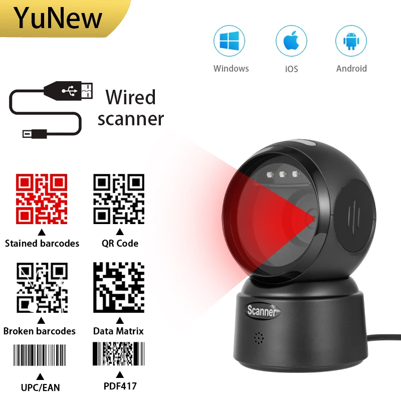YuNew 2D Wired scanner Scanner Plug and Play High-speed Read 1D2D Qr code on Paper Product or screen for Inventory Library