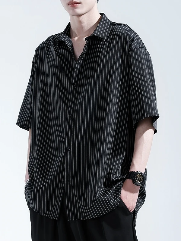 

Casual Loose Men's Stripe Short Sleeve Shirt Summer New Style Vintage Japanese Loose Fit Casual Trendy Brand Handsome Jacket