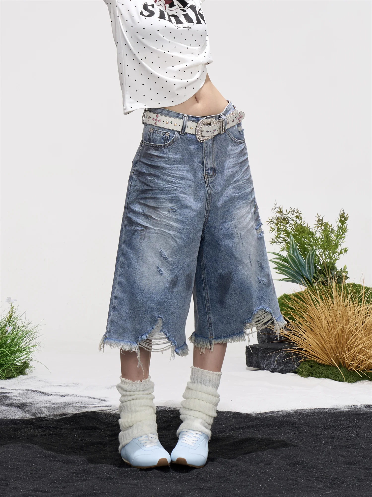 

Ретро-джинсовые шорты с широкими штанинами в американском стиле, женские, летние, свободные, укороченные, уличные, сексуальные, ONLPP, с естественной талией и дизайнерскими прорезями