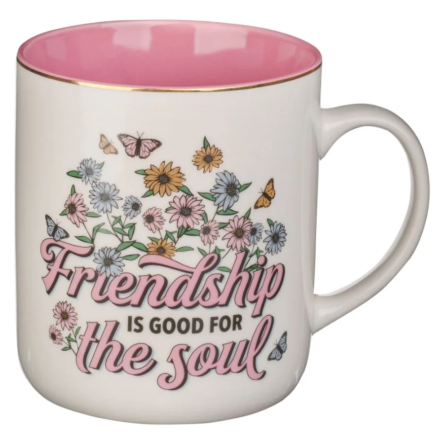 With Love Coffee Mug Friendship is Good For The Soul Pink Butterfly Sunflower Daisy Gold Rim and Accents Inspirational Coffee T