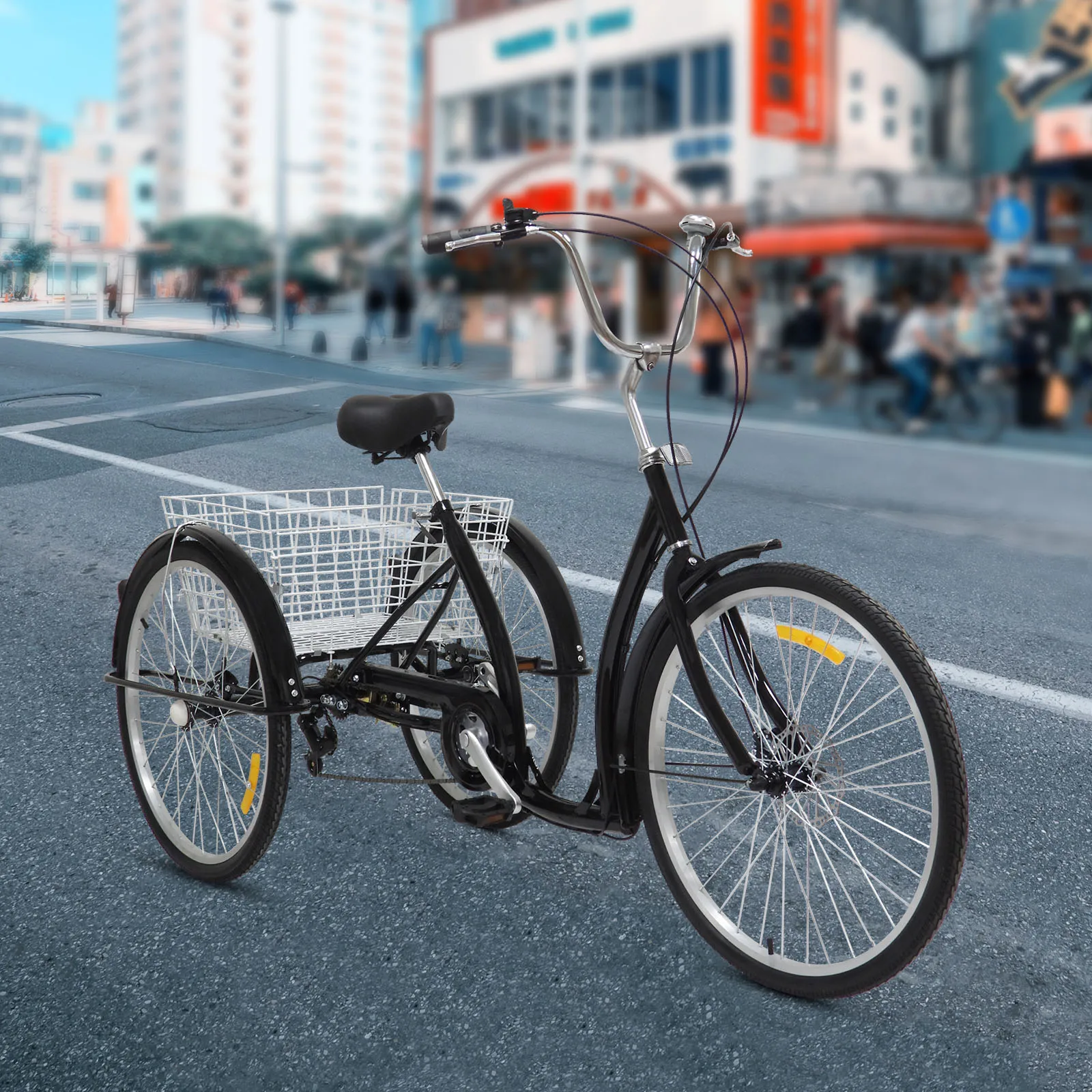 26 Inch Tricycle 6 speed 3 Wheel Modern Black Tricycle with Disc Brake and Holding Brakes Shopping Tricycle with Basket