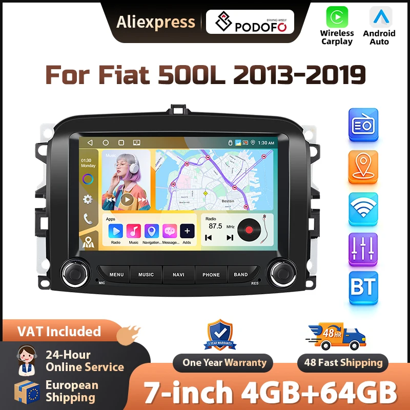 Podofo 7'' Wireless Carplay Android Auto Radio für FIAT 500L 2013-2019 Auto Intelligente Systeme GPS Navigation BT FM/RDS 2din Autoradio Head Unit SWC Auto Intelligente Systeme Multimedia Stereo EQ