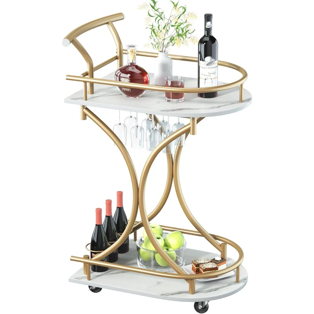 Bar Cart with Wheels Handle Rolling Home Bar Serving Carts 2 Tier Curved Anti-Collision Storage Small Trolley