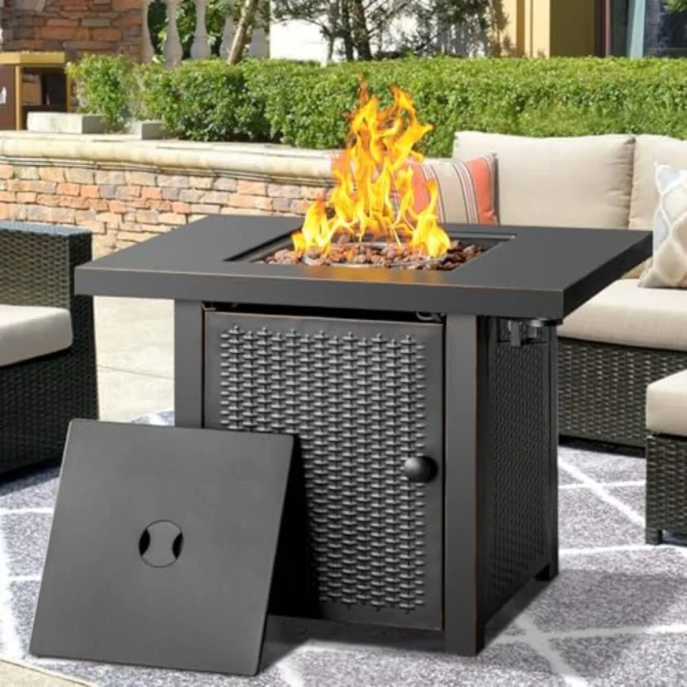 32 inch Propane Fire Pit Table with 2 Drink Holders | Fire Pit Table with Lid &Lava Rock,50000 BTU Propane Fire Pit